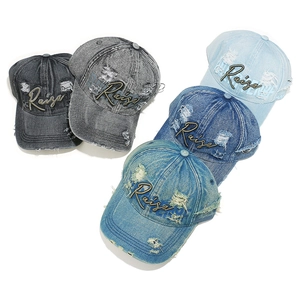 Vintage washed denim baseball cap with metal rings and Raisa letter embroidery
