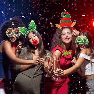 Funny Christmas party photo booth props with festive glasses and headbands set