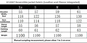 Size chart detail for reversible shearling jacket showing dimensions for XS to L sizes