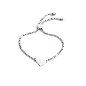 Adjustable silver heart charm bracelet in stainless steel with a sleek sliding box chain