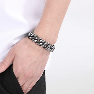 Mens vintage stainless steel cuban link bracelet with retro distressed silver finish