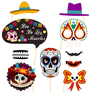 Detailed set of 21 Day of the Dead photo booth props with sugar skulls and masks
