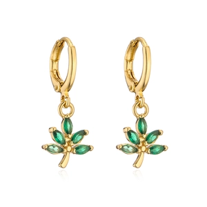 Detail of gold-plated hemp leaf earrings featuring green micro-set cubic zirconia stones