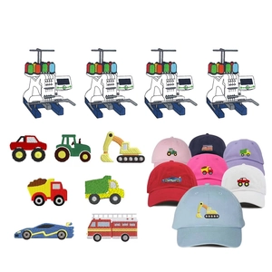 Detailed close-up of cartoon construction vehicle embroidery on colorful kid caps