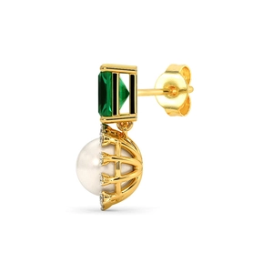 Detail view of gold emerald-cut green stone and white pearl earring with diamond accents