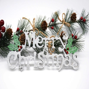 Silver Merry Christmas wreath sign with red berries and green leaves on pine branches