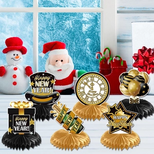 Lot de 6 décorations de table Happy New Year en nid d'abeille noir et doré pour fête
