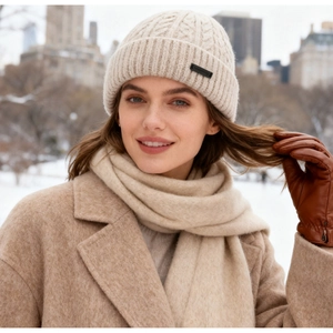 Winter set with beige cable-knit beanie, scarf, camel wool coat and brown leather gloves