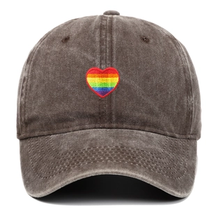 Detailed view of rainbow heart embroidery on washed cotton charcoal baseball cap