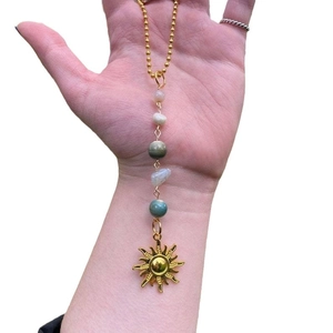 Golden sun pendant necklace with natural stone beads and delicate circular bead chain