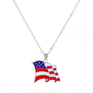 Silver cable chain necklace with wavy American flag heart pendant in red white and blue