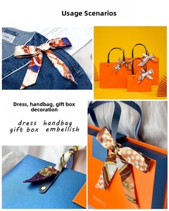 Versatile floral twilly silk scarf tied on handbag handle and luxury gift box packaging