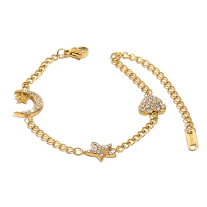 Bracelet minimaliste en acier inoxydable plaqué or 18K avec breloques cœur, lune et étoile