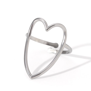 Macro view of minimalist silver open ring with oversized asymmetric heart frame