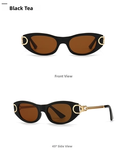 Front and side view of retro oval sunglasses with golden metal hinge detailing