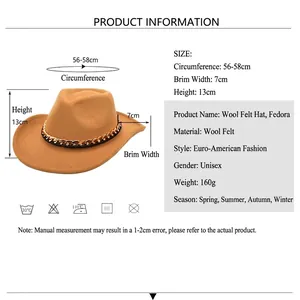 British style wool fedora jazz hat with gold chain band and size specifications chart