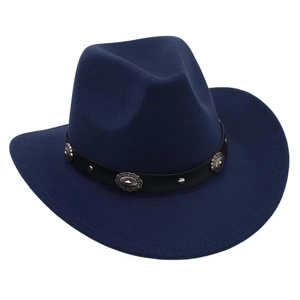 Detail of dark blue wide brim fedora hat featuring a black belt with silver concho studs