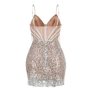 Close-up of the delicate double straps and shimmering silver sequins on the mini dress