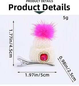 Detailed size view of a mini knit Christmas hat hair clip with pink pompom and red gem
