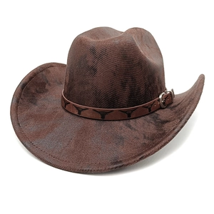 Vintage dark brown western cowboy hat with embossed bull head leather belt and wide brim