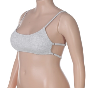 Detail showing light grey ribbed knit bra with double thin shoulder straps on mannequin