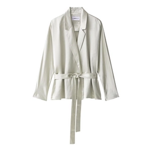 Giacca blazer in raso verde chiaro da donna con revers e cintura in vita annodata