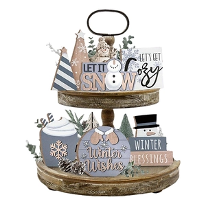 6-piece winter layered tray decor set with gray snowmen and rustic wooden holiday ornaments
