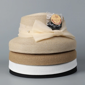 Women Summer Straw Hat High Sun Protection Wide Brim Bow Artificial Pearl Rhinestone Decor Elegant Beach Hepburn Style Boater