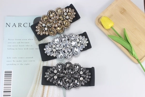 Detail shot of crystal rhinestone elastic wide waist belt, sparkling rhinestone floral decoration.