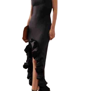 Slim fit black maxi dress with asymmetric ruffle hem and sleeveless bodycon silhouette