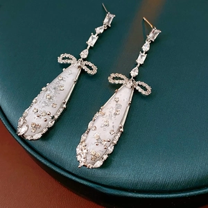 Zircon Bowknot Water Drop Long Drop Earrings Copper With Silver Earring Post Elegant Luxury Jewelry For Women