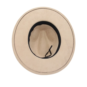 Top view of beige fedora hat showing internal black sweatband and adjustable drawstring