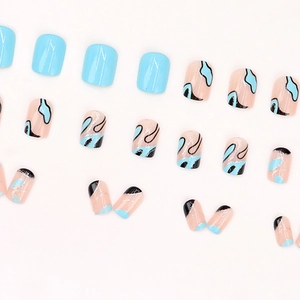 Short square press-on nails featuring sky blue and black abstract line art on white backdrop