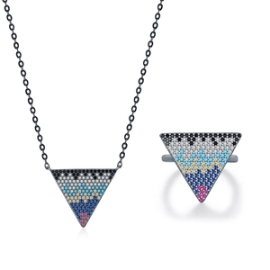 Set collana e anello a triangolo pixel in argento S925 con pietre preziose colorate