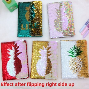 Dettaglio di quaderni con paillettes reversibili e motivi ananas e LIKE su pelliccia bianca