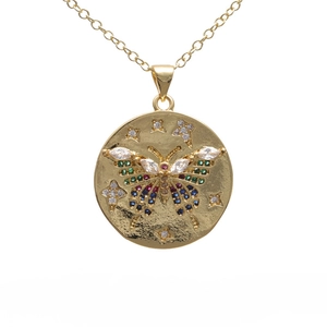 Gold round pendant necklace with a colorful zircon butterfly and starry crystals