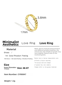 Detail specifications of a hollow heart brass ring with 14K gold plating and measurements