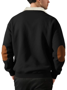 Men's black sweatshirt featuring white fleece collar and brown leather elbow patches view