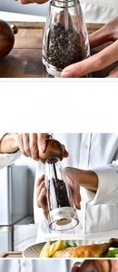 Detail view of manual pepper mill with acacia wood top and adjustable ceramic core