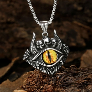 Detailed close-up of gothic demon eye pendant with skull accents in durable titanium steel
