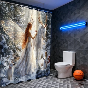 Detail of waterproof 3D shower curtain showing fantasy reindeer girl and deer forest pattern