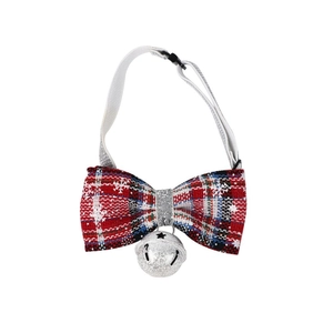 Festive red and blue plaid pet bowtie with silver bell and glitter for Christmas