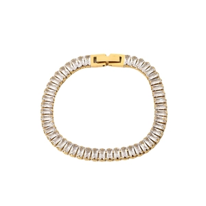 Elegant gold titanium steel bracelet featuring full rectangular cut cubic zirconia stones