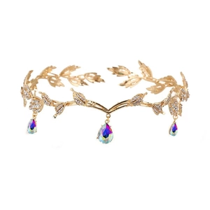 Tocado nupcial dorado con hojas y cristaux AB en forma de gota de agua brillante