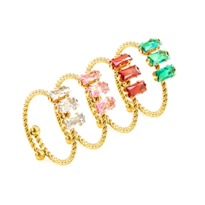 Set of four gold stainless steel adjustable rings with colorful rectangular zircon stones
