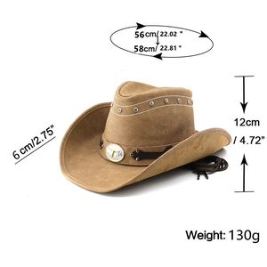 Close-up of brown suede cowboy hat with white stitching, metal rivets and a wind rope