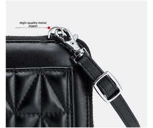 Close-up of black quilted leather texture and high-quality silver metal hardware buckle