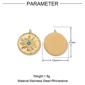Detailed dimensions of 17x15mm gold stainless steel sunburst pendant with blue rhinestone