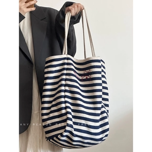 Striped canvas tote bag with cat embroidery and rope handles for women