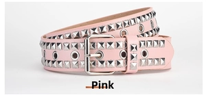 Detail of pink PU leather belt with double rows of square silver studs and needle buckle